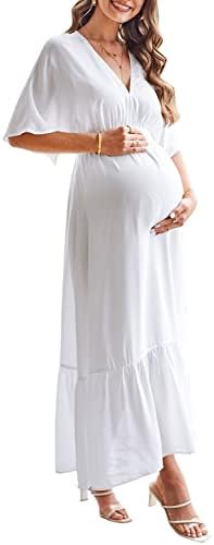STYLEWORD Women's 2023 Summer Maxi Dress V Neck Maternity Flowy Beach Long Dresses Pregnancy Spring(White-M)