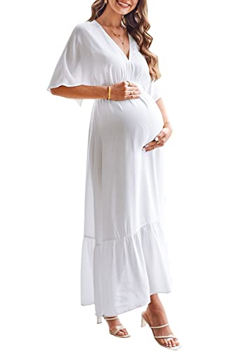 Styleword Women's 2023 Summer Maxi Dress V Neck Maternity Flowy Beach Long Dresses Pregnancy Spring(White-M) #TOP20