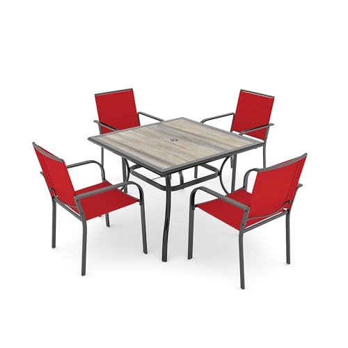 Image of Anmutig 5-Piece Outdoor Patio Dining Set 37 Inch Square Wooden-Like PVC Table with 4 Stackable Chairs for Garden Backyard Red