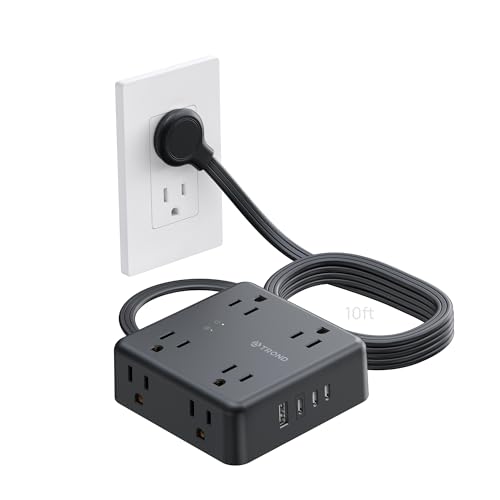 Image of TROND Surge Protector Power Strip, 10FT Flat Plug Extension Cord with 8 Outlets & 4 USB Ports (3 USB C), 1625W, Wall Mount Outlet Extender for Home Office Dorm Room Essentials, Black