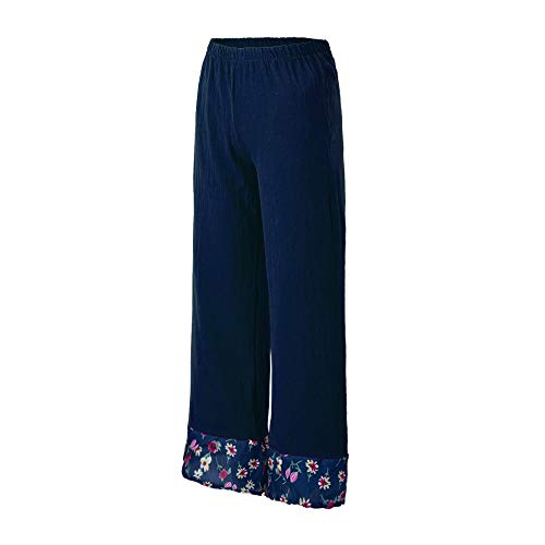 pedkit Calças femininas Estampa Floral Emendado Elástico Na Cintura Bolso Calças Perna Larga Casual