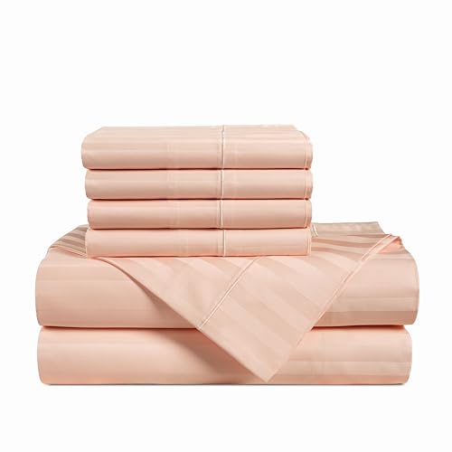 Casa Platino 100% Egyptian Cotton Sheets King Size Set - 6 Pieces - Damask Stripe- Ultra Smooth Sateen Weave Bed Sheets Set with 15" Deep Pockets - Veiled Rose