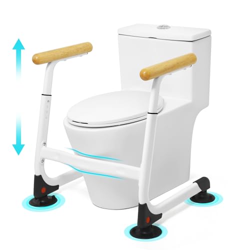 Toilet Safety Rails (350LBS), Adjustable Height Toilet Safety Frame for Elderly and Disabled, Stand Alone Toilet Safety Rails for Seniors, Handicap Toilet Rails Fits Most Toilets, Wood Color