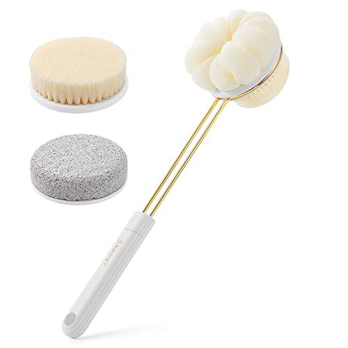 LFJ Back Scrubber for Shower,Double-Sided Body Bath Shower Brush with Bristles and Loofah, Shower Brush for Skin Exfoliation Showerï¼ŒWet Or Dry Brushing, Back Brush for Men and Women(White)