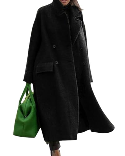 Chartou langer Wintermantel für Damen in Übergröße, warme Trenchcoat aus Wollmischung, Schwarz, X-Large