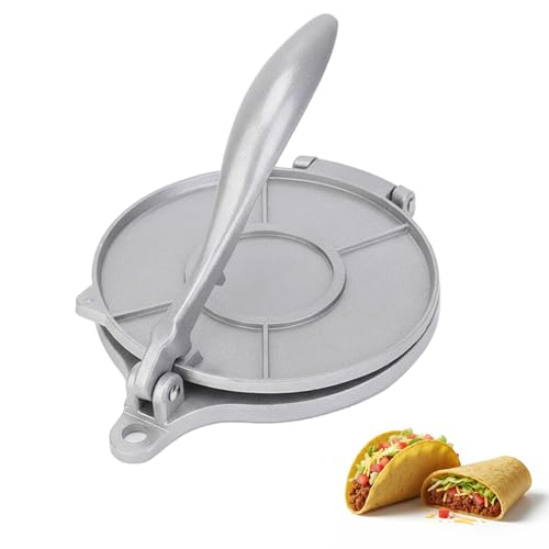 多機能 トルティーヤプレス タコス プレス機 | 手動 tortilla press トルティーヤプレス機 taco press 餃子メーカー 耐久アルミ合金 延長ハンドル設計 洗いやすく衛生的 家庭用(シルバー 20cm)