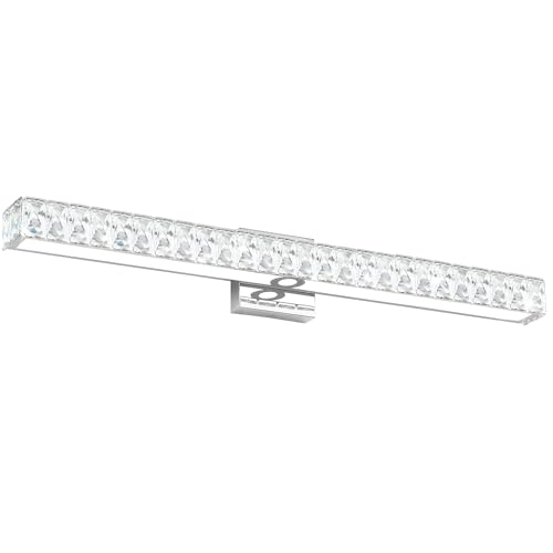 SOLFART Bathroom Vanity Lighting, Dimmable Crystal Bathroom Light Fixtures Over Mirror LED Lights for Restroom, 32.5 Inch Chrome Light Over Mirror