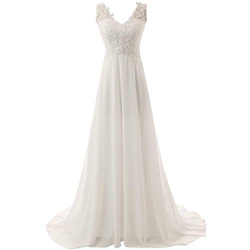 Abito da Sposa Donna Doppio Scollo a V Corpetto con Perline in Chiffon Senza Maniche Appliques Di Pizzo Lunghezza Del Pavimento, L-F, A