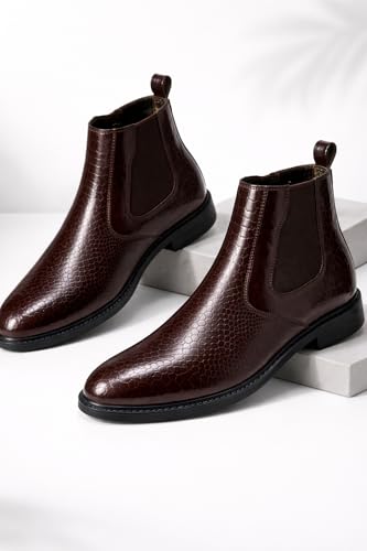 Image of Men's Leather Chelsea Boots | Ankle Boots with Textured Finish Formal & Smart Casual Boots | Comfortable Fit, Trendy, Stylish Boots | Leather Boots for Office /Fashionable