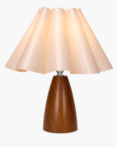Image of Homesake Wood Grain Pattern Small Table Lamp, Desk Light, Wooden Bedroom Lamps for Nightstand, Scalloped Lamp Shade Table Lamps Small Spaces, Bedroom, Living Room, Taper Cone, (Flower Ribbon)