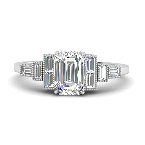 Image of Choose Your Gemstone Baguette Milgrain Graduated Diamond CZ Ring Sterling Silver Emerald Shape Side Stone Engagement Rings Lightweight Office Wear Everyday Gift Jewelry US Size 4 to 12
