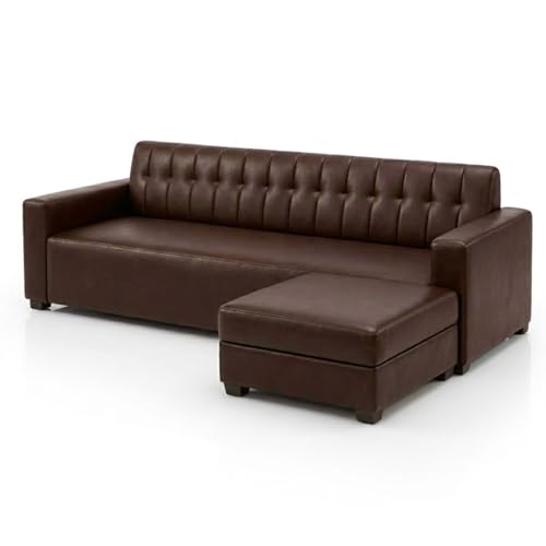 Image of FURNY Luxe 4 Seater L Shape Sofa Set with Movable Ottoman | Flexible Left or Right Layout | Premium Leatherette Upholstery (Dark Brown) | Perfect for Living Room, Guest Room & Office