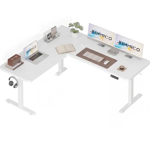 JUMMICO Höhenverstellbarer Schreibtisch L-förmig mit 3 Speicherhöhen & Kabelmanagement, 160x140cm Eckschreibtisch Höhenverstellbar, Ergonomischer Computertisch für Homeoffice & Gaming, Weiß