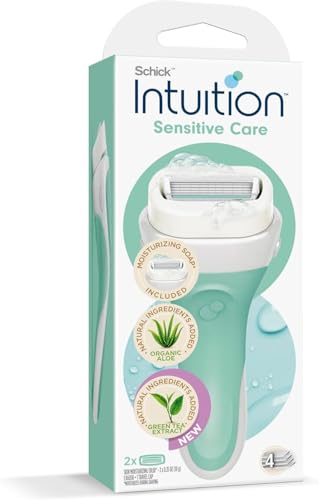 Intuition Sensitive Care Kit With Organic Aloe And Green Tea Extract - Moisturizing Soap Included - No Extra Soap Or Gel Needed - 4 Ultrathin Bladed - Pivoting Head - Hypoallergenic