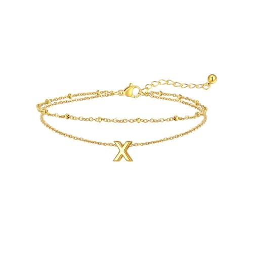 FaithHeart Initial Ankle Bracelets for Women, Waterproof 14k Gold Plated Initial Anklets Non Tarnish Stainless Steel Layered Anklet Summer Beach Foot Jewelry Gold x