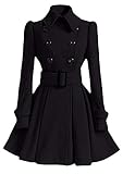FLITAY Women's Blend Solid Color Pea Coat with Belt Buckle Autumn Long Sleeve Coat Jacket Y-BLK S