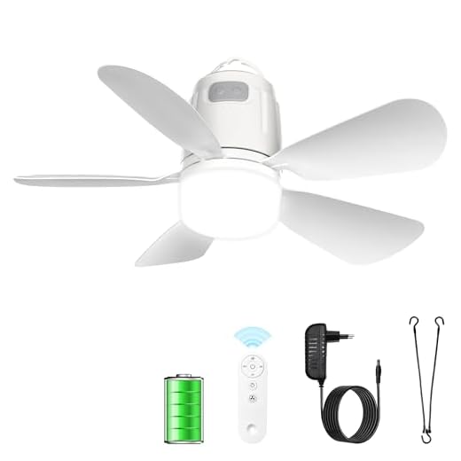 Gliztech Ventilador Techo Exterior 50CM, 20000mAh Ventilador Techo Luz con Batería Blanco, Recargable y Extraíble con Gancho y Mando a Distancia para Cenador, Terraza, Tienda de Campaña, Sombrilla