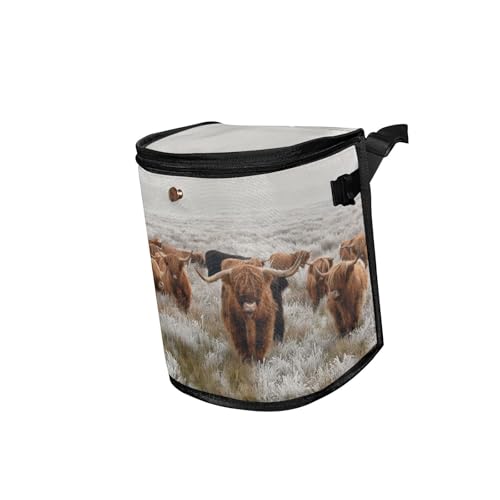 Image of linqin Scottish Highland Cow Car Trash Can with Lid Leak Proof Car Trash Bag Waterproof Car Garbage Can, Polyester Trash Bin Hanging for Minivan SUV Truck