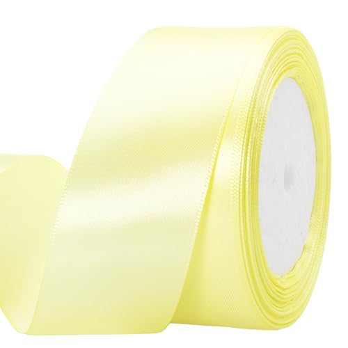 Image of ATRBB 25 Yards 1-1 /2 inch Light Yellow Satin Ribbon for Gift Wrapping | Wedding, Bows, Colorfast Polyester Fabric Thick Ribbon for Bouquets Party Decor Crafts Handmade Flower DIY