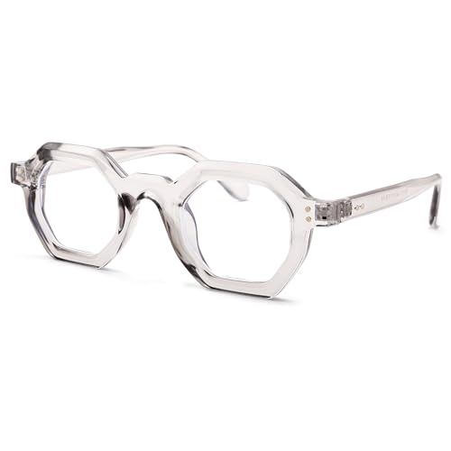 Image of NULOOQ Blue Light Glasses for Women - Men Trendy Retro Small Polygonal Computer Eyeglasses Non-prescription Glasses (Transparent Gray Frame)