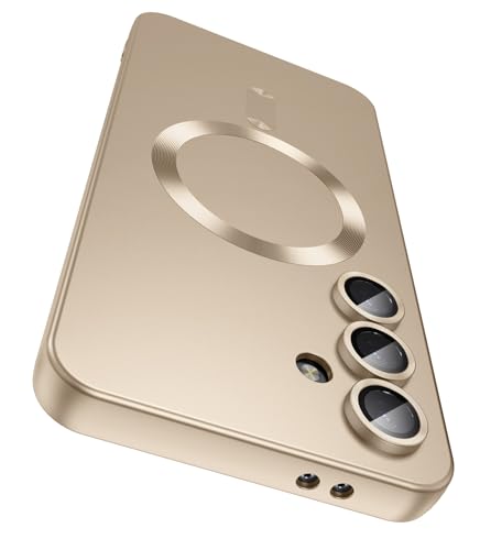 LEKEVO Magnetic for Samsung Galaxy S25 Case [Compatible with MagSafe][Built-in Camera Lens Protector] Slim Soft Silicone Bumper Shockproof Metallic Luster Phone Shell (Gold)