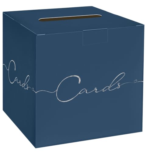 Image of HEIPINIUYE Navy Blue Wedding Card Box with Silver Foil 9.8 inch x 9.8 inch Navy Large Gift Card Box for Party Wedding Reception Graduation Birthday Baby Shower Cardboard Raffle Envelope Box with Slot