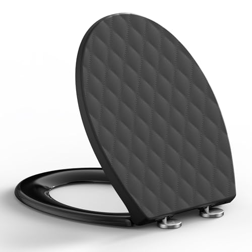 SREWOHS PRO Abattant WC Forme O avec Frein de Chute Noir, Siège WC Motif Losange, Couvercle WC Amovible Quick Release, Fixation par le Dessus, Gabarit d'installation Inclus, 44,6 x 37,1 CM