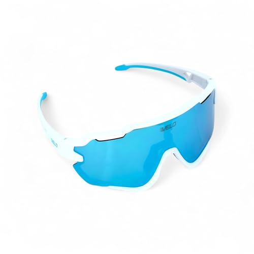 Velo Shades - Gafas de sol para jugador de béisbol/sóftbol - por Jax at The Bullpen Training, Blanco/azul claro/espejo de hielo, Adult