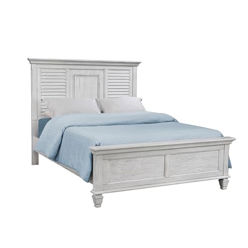 Benjara BM302887 Molded Trim Antique White Pine Wood Shutter Headboard