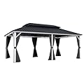 PURPLE LEAF 12' X 20' Outdoor Gazebo with Lights Hardtop Metal Roof White Aluminum Frame Grill Gazebos with Curtain and Netting for Patio, Garden and Backyard, Grey
