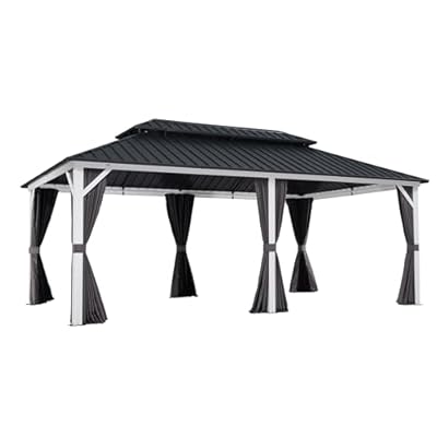 PURPLE LEAF 12' X 20' Outdoor Gazebo with Lights Hardtop Metal Roof White Aluminum Frame Grill Gazebos with Curtain and Netting for Patio, Garden and Backyard, Grey