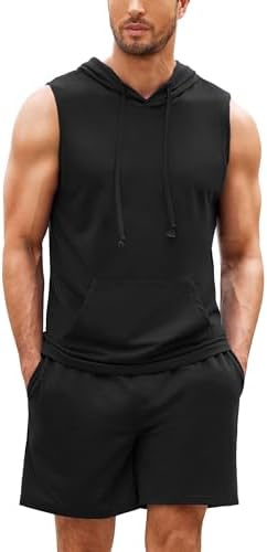 COOFANDY Men’s Workout Hooded Tank Tops Sleeveless Gym Shirt Sweat Shorts Hoodie Set 2 Piece Outfits Jogging Suits#