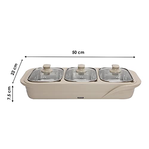 Jaypee Plus E-3 Bowl Electrical Serving Casserole Chafing Dish,1000ml Each |Stainless Steel 3 Dish Food Buffet Server |3 in 1 Electiric Bowl for Reheating Food, Beige