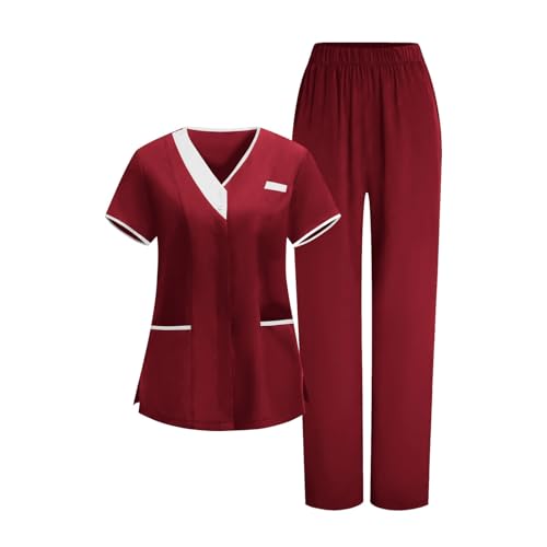 Image of 2026 Scrub for Cleaning Jobs Uniform, Multi Pockets Scrubs for Women Sets, V-Neck Top & Straight Leg Pants Scrubs Set