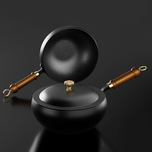 Lawnoval Hand-Hammered Wrought Iron Frying Pan with Pot-Bellied Design, Uncoated Flat Bottom Skillet for Versatile Cooking, Even Heat Distribution, Easy to Clean, Black, 26cm