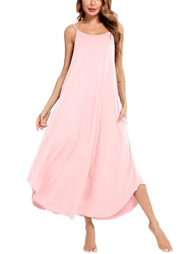 Image of SWOMOG Women Long Nightgown Pajama Dress Soft Strap Nightdress Summer Sleeveless Nightshirt Lounge Dress with Pockets