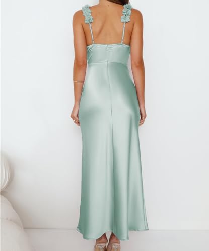 Image of Phicia Summer Satin Spaghetti Strap V Neck Midi Dresses for Women Wedding Guest Elegant Flower Backless Cocktail Formal Dress
