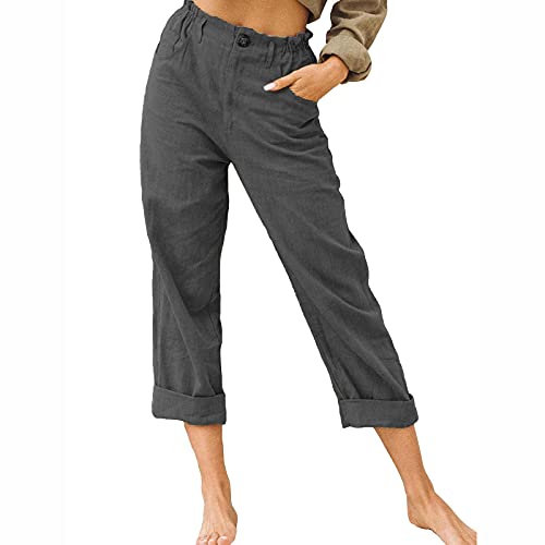 SMIDOW Womens Linen Button Cropped Pants Elastic High Waist Casual Loose Comfy Straight Leg Capris Lounge Trouser Dressy