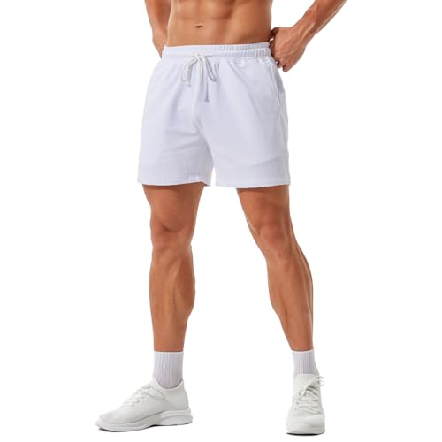 Jeixopu Mens Athletic Gym Shorts 5" Cotton Jogger Workout Casual Lounge Sweat Shorts with Pockets (White-L) - image 8
