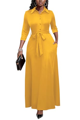 Image of Runwind Women Church Maxi Dresses 3 /4 Sleeve Button Down Print Casual Office Dress African