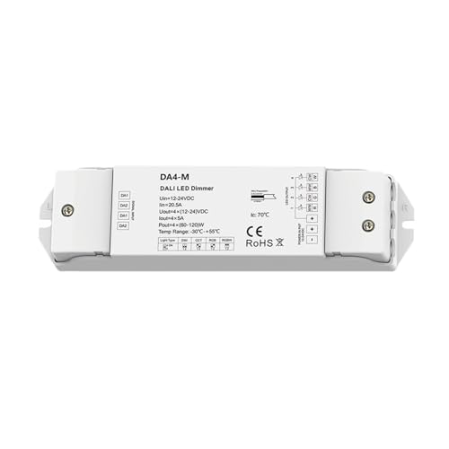 DA4-M DALI LED Dimmer 4 Channel, 12V 24V 48V Constant Voltage PWM Controller, Decoder for Single Color, CCT, RGB, and RGBW Strip Lights, Compatible with DT6 DT8 Systems