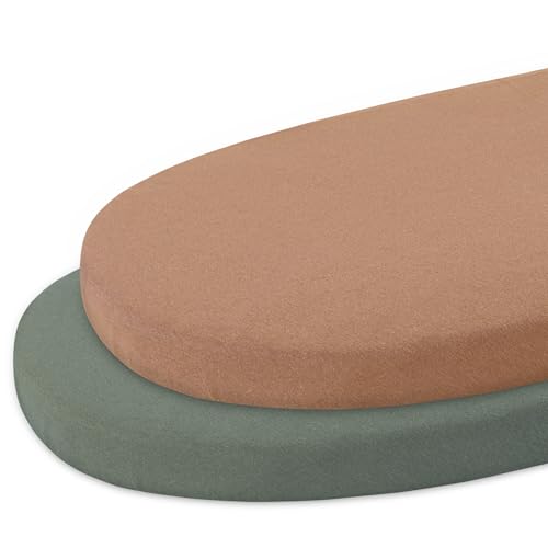 Image of Dreamology Bassinet Sheet,100% Cotton Knitted Jersey,Soft and Durable,2 Pack Bassinet sheets for Girls and Boys | Universal Fit for Hourglass,Oval or Rectangle Bassinets | Green and Mustard 17"x32"x4"