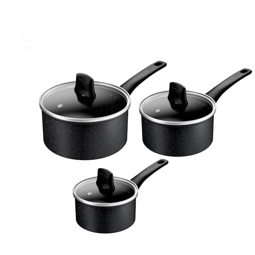 Tefal Titanium Stone Induction Non-Stick 3pc Set: Saucepan 16/18/20cm + 3 Matching lids, High-Performance Non-Stick Coating, Metal Safe, All Hobs Including Induction, Thermo-Signal, E105S345