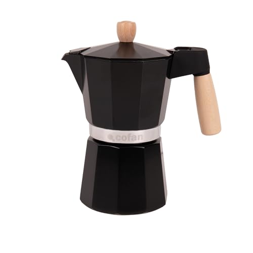 Cofan Cafetière italienne à induction | Capacité : 6 tasses | Matériau : corps en aluminium | Convient à tous les types de plaques de cuisson | Couleur : noire | Poignée et bouton en bois (1, noir)