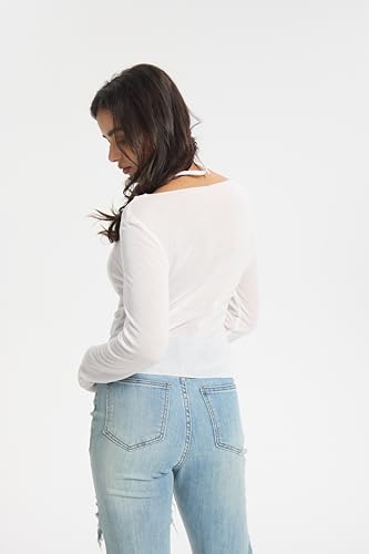 QJQ Women's Sheer Mesh Off The Shoulder Tops Long Sleeve See Through Shirts Going Out Party Club Outfits2