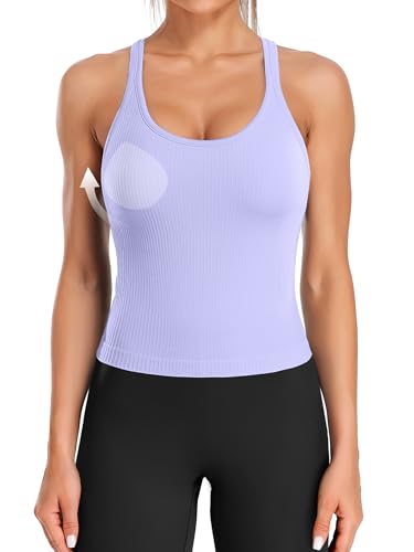 Image of ATTRACO Ribflex Ribbed Workout Crop Tops with Built in Bra for Women Yoga Racerback Tank Top Slim Fit