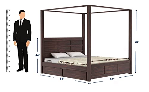 Image of Solid Sheesham Wood Queen Size Poster Bed 4 Drawer Storage for Bed Room Living Room Home Wooden Double Bed Palang Solid Wood Bedroom Furniture for Hotel (Walnut1 Finish)