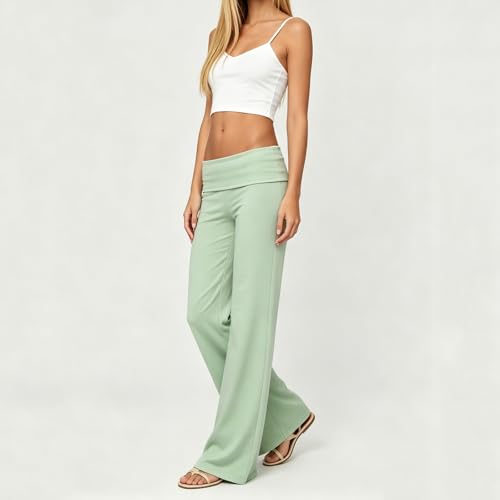 Image of Lounge Yoga Pants for Women Fold Over Low Waist Wide Leg Bell Bottoms | Y2K Foldover Pants, Flare Leggings, Low Rise Yoga Sweatpants