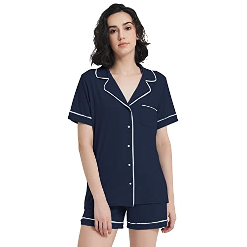 Metarino Merino Wool Pajamas Women 2Pcs Set Nightwear Short Sleeve Soft Button Down Sleepwear For Home,Navy Blue,X-Large (Mata-62912) #TOP15