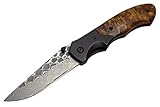 BucknBear Army Liner Lock Folder Pocket Knife, Damascus 3.12 Inch Blade, Burl Wood Handle